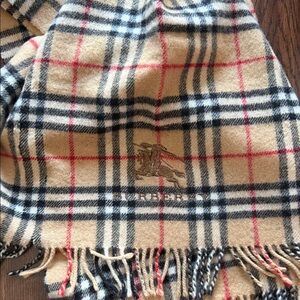 Burberry Tan Plaid Scarf with Red and Black Accents